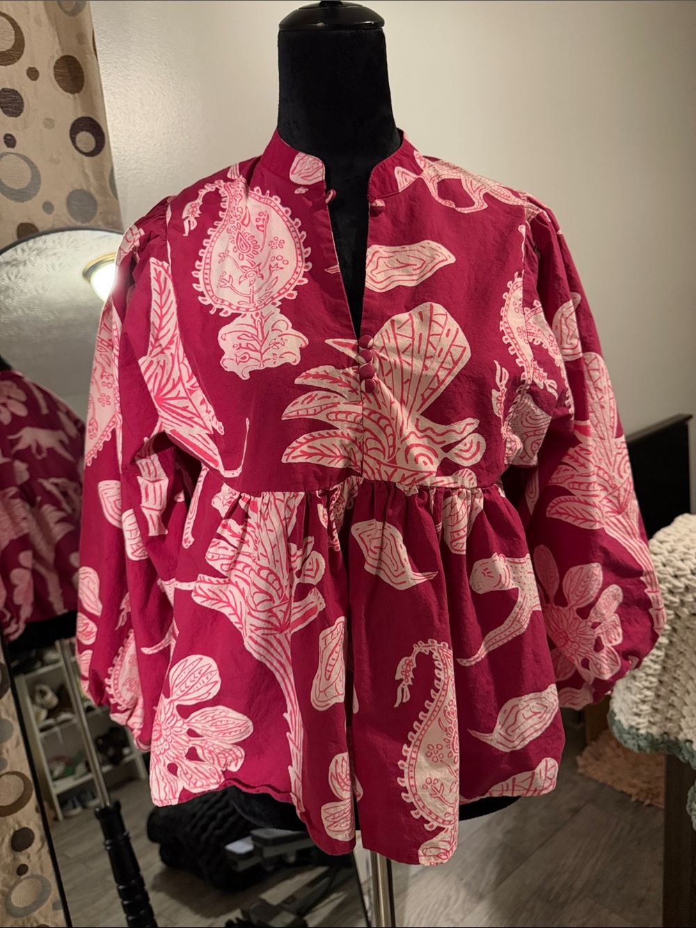 Oliphant Pink and White Floral Peasant Blouse